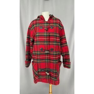 Vintage Eddie Bauer Coat Womens Medium Red Plaid Hooded Duffle Toggle Wool 90s